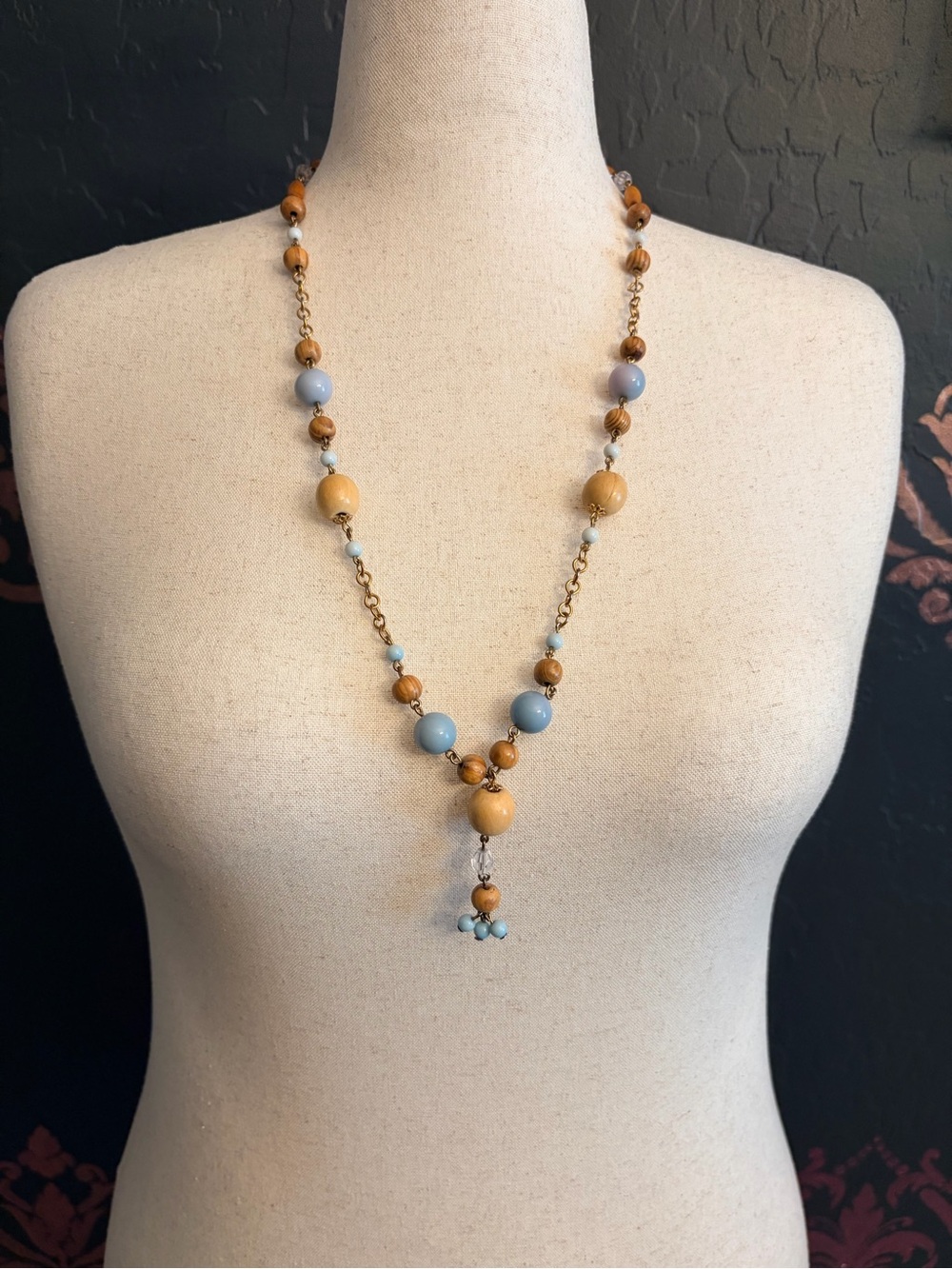 Blue & Tan Long Beaded Necklace - Women Jewelry